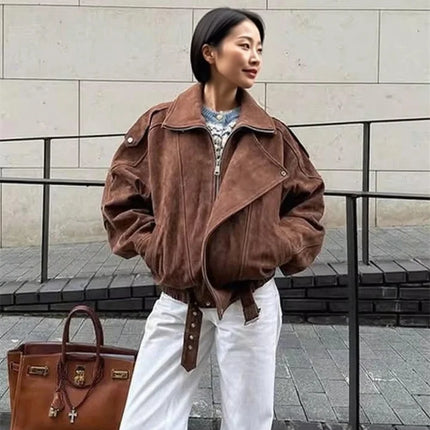 Women's Belt Short Suede Jackets Loose Lapel Long Sleeve Zipper Coats 2025 Spring Lady Vintage Female Outwear Street