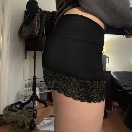 Halbkörperrock mit Sommersaum für Damen mit Spitzennaht und schwarzem, schmalen Halbkörperrock, sexy Disko-Hottie-Minirock-Kleid mit transparentem Unterrock