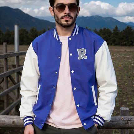 Men's casual baseball jacket, men's cool jacket, jacket pocket design, fashionable R pattern print
