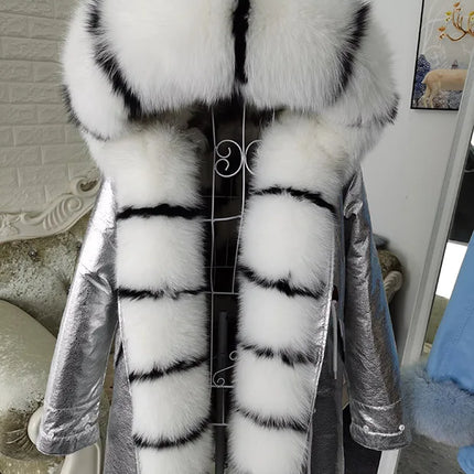 Winter Long Jacket Real Fur Coat Women Clothes Large Silver Fox Fur Collar Detachable Natural Fox Lining Parkas Leather Fur