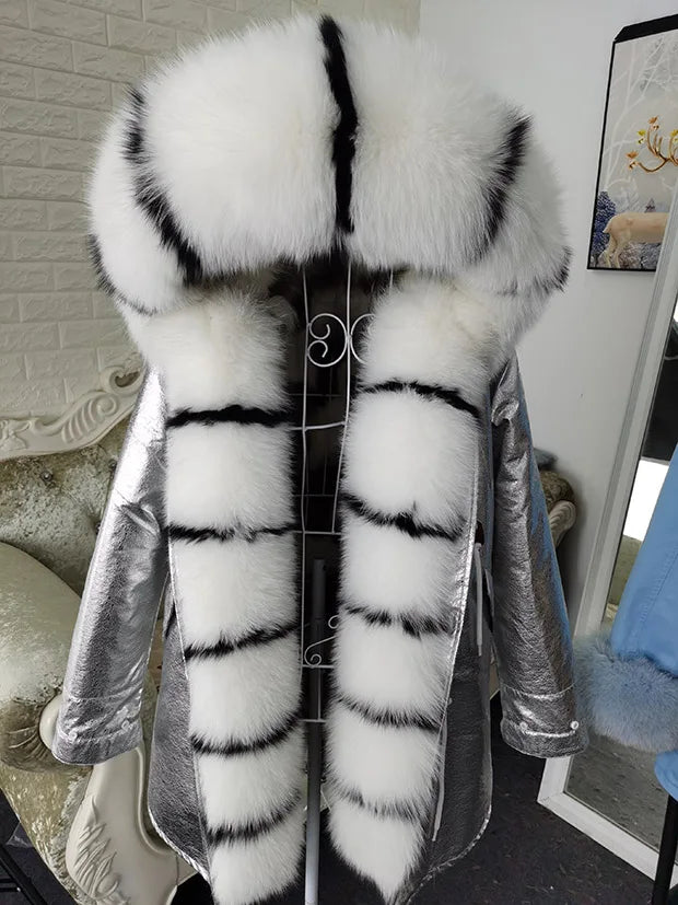 Winter Long Jacket Real Fur Coat Women Clothes Large Silver Fox Fur Collar Detachable Natural Fox Lining Parkas Leather Fur