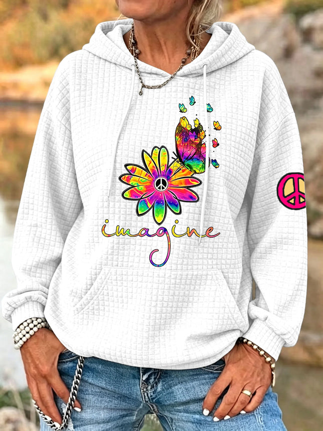 ilstile Women's Hippie Flower Print Hoodies Autumn Outdoor Sports Long Sleeve Casual Loose Round Neck Hooded Hoodies Hot Sale