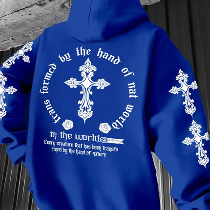 2026 Royal Blue Gothic Cross Hoodie Men Women Rose Print Oversized Pullover Y2K Streetwear Casual Sweatshirt