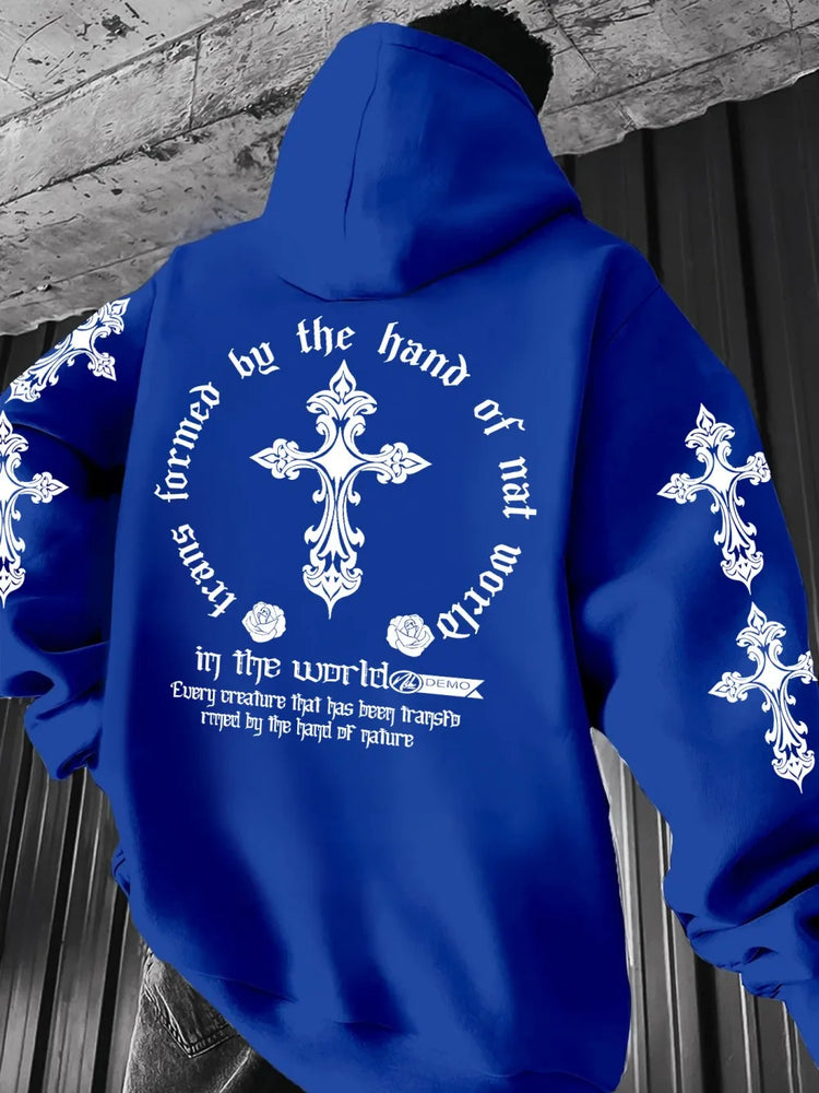 2026 Royal Blue Gothic Cross Hoodie Men Women Rose Print Oversized Pullover Y2K Streetwear Casual Sweatshirt