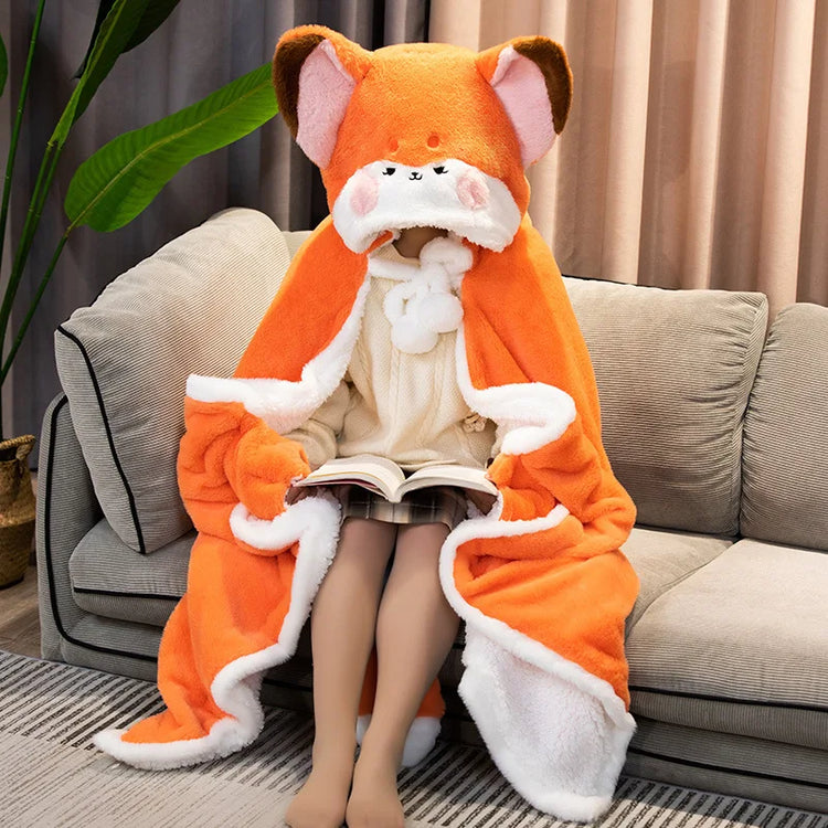 Anime Fox Cloak Fox Cape Cartoon Cloak Coral Fleece Keep Warm Air Blankets Cosplay Costumes Lovely Soft Birthday Valentine Gifts