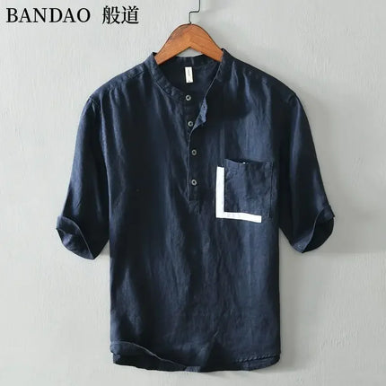 Men's High-End Loose Spring and Summer Chinese Style Short-Sleeved Cotton Linen Casual Breathable Shirt Collar T-shirt