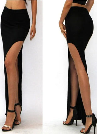 Gonne divise alla moda Gonne lunghe sexy da donna Gonna spaccata laterale aperta Gonna lunga a vita alta con spacco alto Nera