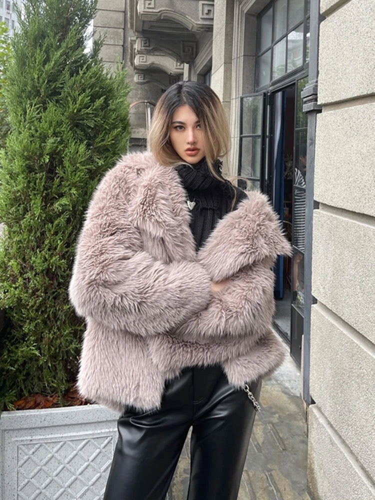 ZADORIN Korean Style Winter Warm Coat Women Mid Length Lapel Loose Faux Fox Fur Coat Luxury Overcoat Fluffy Fur Jacket Tops