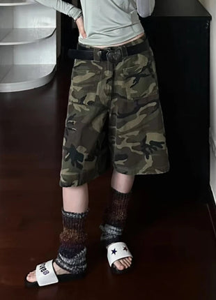 PBAP Camouflage Denim Bermuda Pants High Waist Pocket Patched Straight Cargo Jean Shorts Jorts Harajuku Vintage Women Streetwear PlatiNum