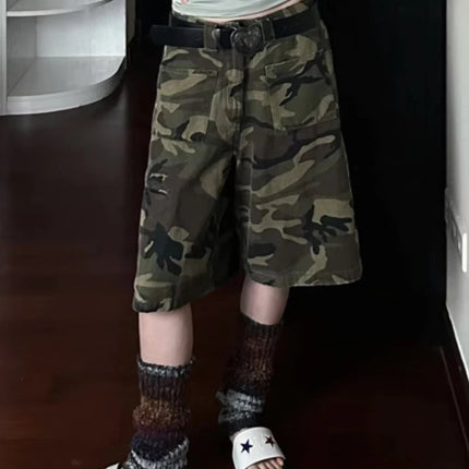 PBAP Camouflage Denim Bermuda Pants High Waist Pocket Patched Straight Cargo Jean Shorts Jorts Harajuku Vintage Women Streetwear PlatiNum