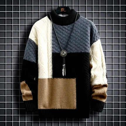 Fashion Mens Warm Knitted Sweaters Patchwork O Neck Knit Pullovers Autumn Winter Korean Streetwear Pullover Casual Mens Clothing