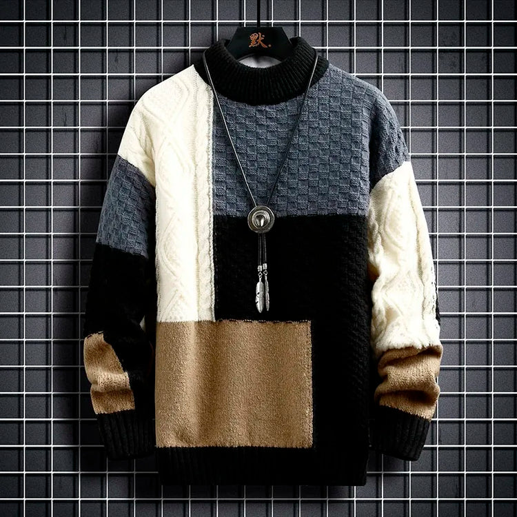 Fashion Mens Warm Knitted Sweaters Patchwork O Neck Knit Pullovers Autumn Winter Korean Streetwear Pullover Casual Mens Clothing