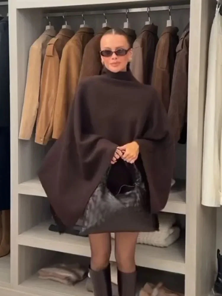 Asymmetric Knit Poncho Cape Loose Solid Color Minimalist Warm Shawl Wrap Outerwear Commuter High Street Pullover 202606H