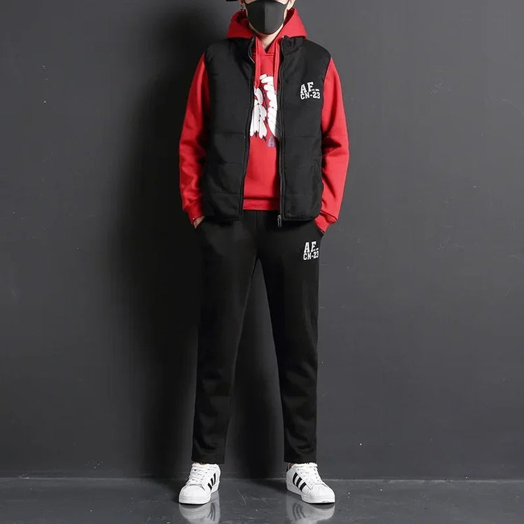 3 Pieces Set Hoodies+Vest+Pants Casual Men's Track Suit Clothing Coats Winter Thick Warm Tracksuit for Men Printed Mens Set Vest