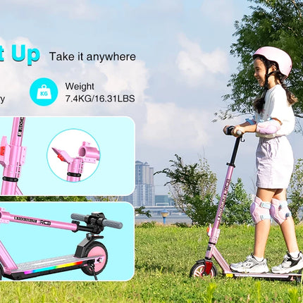 Monopattino elettrico pieghevole RCB R12 Pro W per bambini, autonomia 18 km/h, autonomia 15 km, schermo LED, luce RGB, per bambini dai 6 ai 12 anni