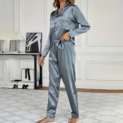 Pigiama da donna in raso di lusso Pj Set Colletto rovesciato Bottoni Top e pantaloni Indumenti da notte e pigiama per abiti estivi per la casa