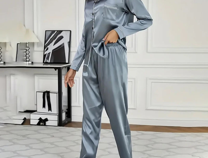 Pigiama da donna in raso di lusso Pj Set Colletto rovesciato Bottoni Top e pantaloni Indumenti da notte e pigiama per abiti estivi per la casa