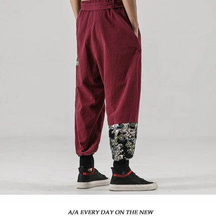 Pantaloni da uomo Costume da samurai giapponese Ukiyo-e Cintura con stampa Pantaloni stile harem da uomo in cotone e lino Pantaloni casual Harajuku da uomo Taglie forti 5XL