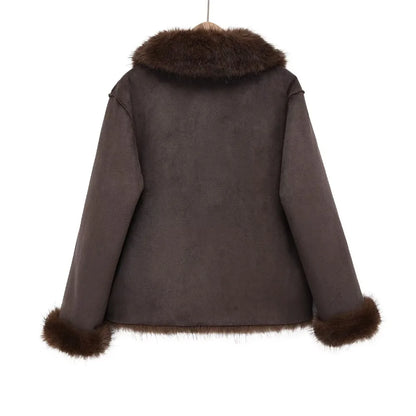 New in Reversible Double-faced Faux Fur Jacket for Women Stylish Lapel Collar Crossover Button-up Outwears Winter Brown Overcoat
