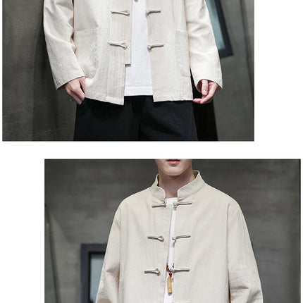 Camicie da uomo stile cinese retrò lino cotone tinta unita vestito Tang top cardigan uomo casual Kung Fu Tai Chi camicette da uomo abbigliamento