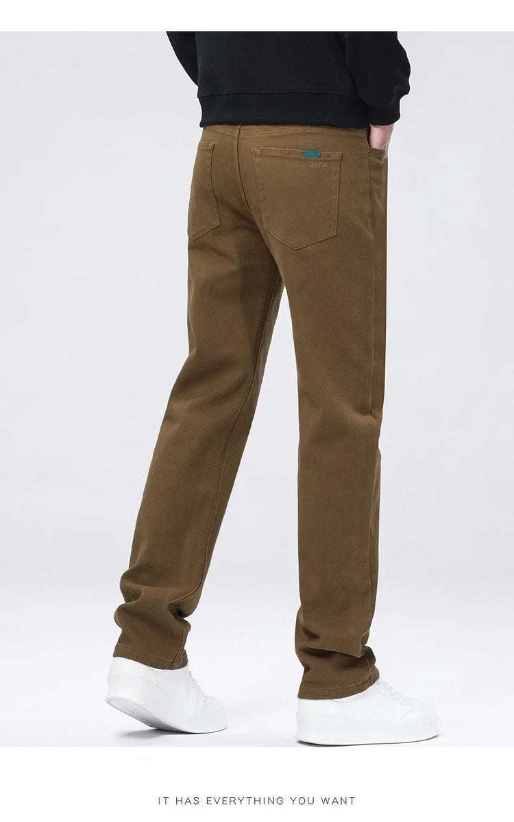 Men Straight Fit Jeans Autumn Elastic Soft Comfortable Solid Color Denim Pants Classic Fashion Casual Long Trousers Daily Wear