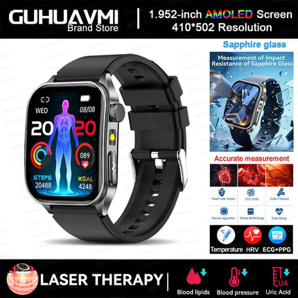 2025 Trattamento laser Tre Smartwatch alti 1.95 "Schermo curvo in zaffiro ECG + PPG Grasso nel sangue Acido urico Diagnosi salute Smartwatch platinumshop