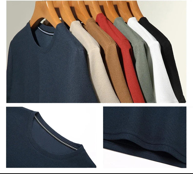 New Summer Waffle Round Neck Short Sleeved T-shirt for Men's Short Sleeved Top PlatiNum