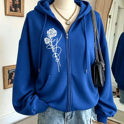 Roses And Positive Short Sentences Printing Zipper Hoodies Women Autumn Korean Hoodie Loose Pocket Sportswear Fleece Clothing