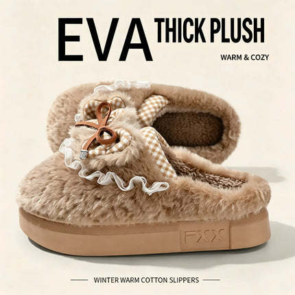 Kawaii Winter Warm Cotton Slippers Women Plaid Bowknot Lace Ruffle Plush Thick Platform Non-Slip Indoor Casual Shoes