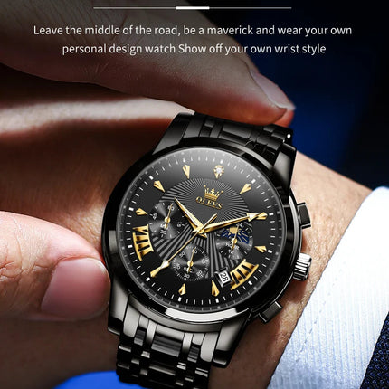 OLEVS Orologi al quarzo da uomo Orologi di marca in acciaio inossidabile Orologio sportivo impermeabile per uomo Cronografo con fasi lunari platinumshop