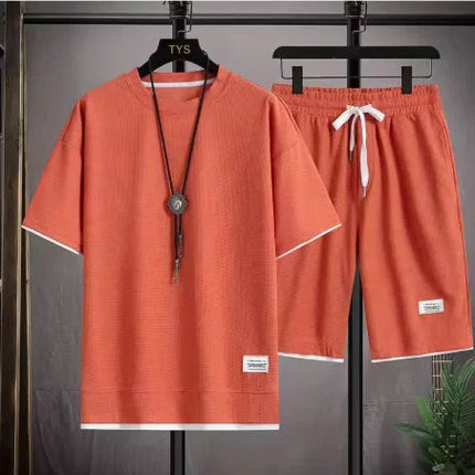 2026 nuovi set di waffle da uomo estivi T-shirt e pantaloncini casual Set tuta sportiva maschile tuta tinta unita abiti larghi platinumshop