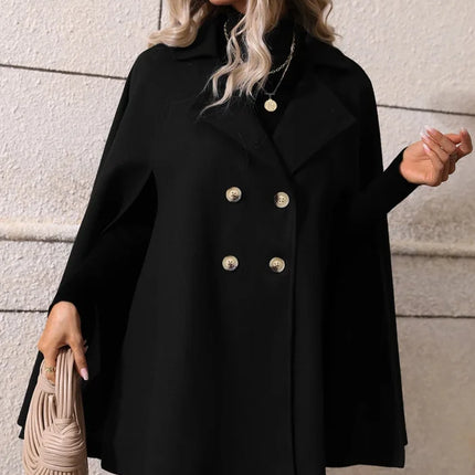 Ladies Mid Length Cape Coat Round Neck Double Breasted Metal Buttons Sleeveless Loose Cloak Outer Jacket For Party