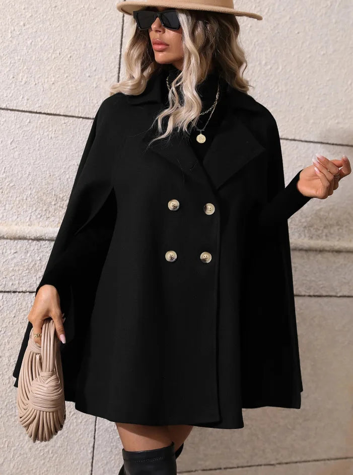 Ladies Mid Length Cape Coat Round Neck Double Breasted Metal Buttons Sleeveless Loose Cloak Outer Jacket For Party
