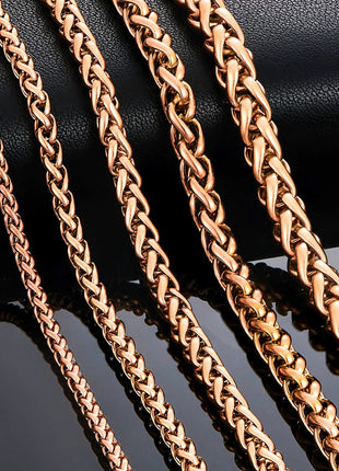 3mm/4mm/5mm/6mm/7mm Rose Gold Color Stainless Steel Wheat Braided Necklace Link Classic Curb Chain for Men Women Jewelry PlatiNum