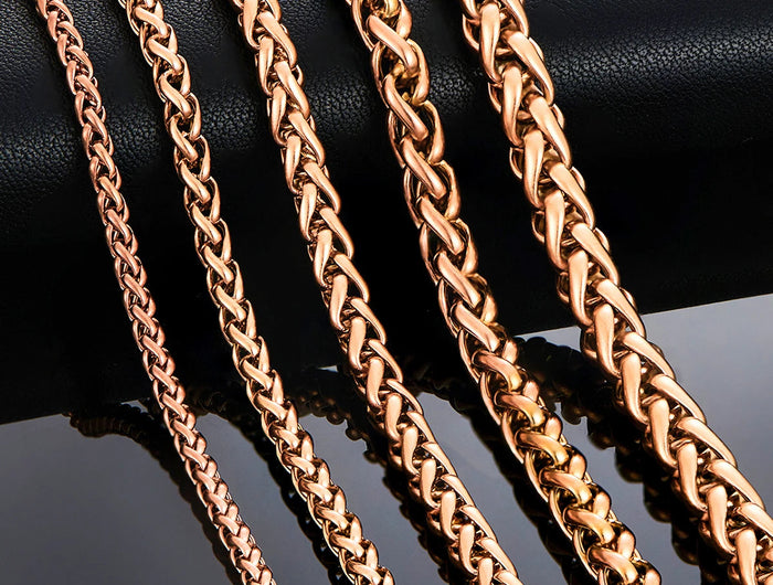 3mm/4mm/5mm/6mm/7mm Rose Gold Color Stainless Steel Wheat Braided Necklace Link Classic Curb Chain for Men Women Jewelry PlatiNum