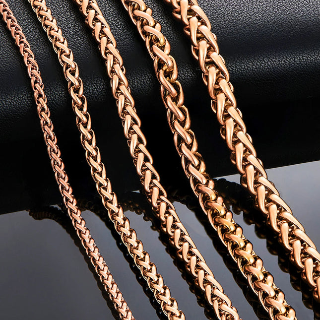 3mm/4mm/5mm/6mm/7mm Rose Gold Color Stainless Steel Wheat Braided Necklace Link Classic Curb Chain for Men Women Jewelry PlatiNum