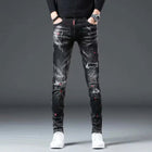 High Street  2022 Fashion Casual Ripped Jeans Men's Patch Teenagers Cowboy Paint Splash Ink Black Pencil Pants Skinny Jeans Men PlatiNum