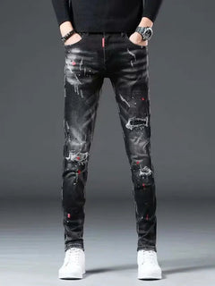 High Street  2022 Fashion Casual Ripped Jeans Men's Patch Teenagers Cowboy Paint Splash Ink Black Pencil Pants Skinny Jeans Men