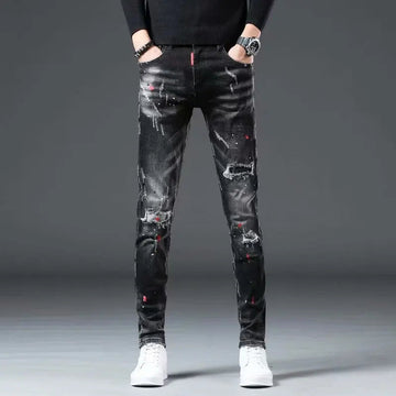 High Street  2022 Fashion Casual Ripped Jeans Men's Patch Teenagers Cowboy Paint Splash Ink Black Pencil Pants Skinny Jeans Men PlatiNum