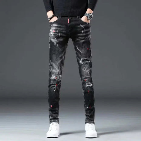 High Street  2022 Fashion Casual Ripped Jeans Men's Patch Teenagers Cowboy Paint Splash Ink Black Pencil Pants Skinny Jeans Men PlatiNum