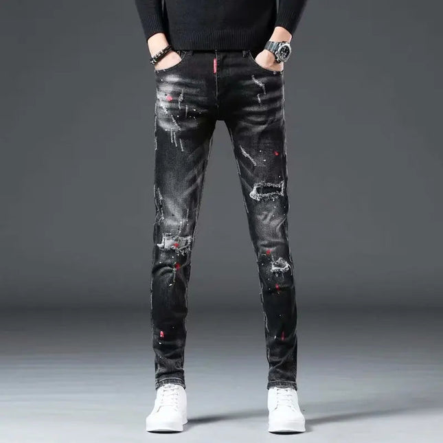 High Street  2022 Fashion Casual Ripped Jeans Men's Patch Teenagers Cowboy Paint Splash Ink Black Pencil Pants Skinny Jeans Men PlatiNum