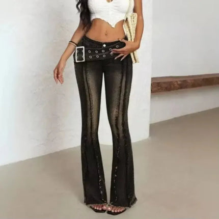 Women Vintage Washed Flare Jeans With Wide Belt Raw Hem Split Hem Seam Detail High Waist Slim Fit Denim Pants