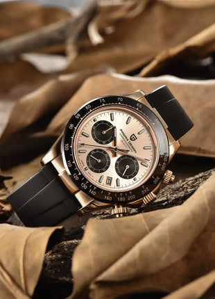 PAGANI DESIGN Cronografo da uomo Orologio da polso al quarzo di lusso in oro rosa 40mm Quadrante blu ghiaccio Vetro zaffiro 100M Impermeabile Cinturino in caucciù Orologio sportivo da uomo per uomo Reloj Hombre+GIFT BOX