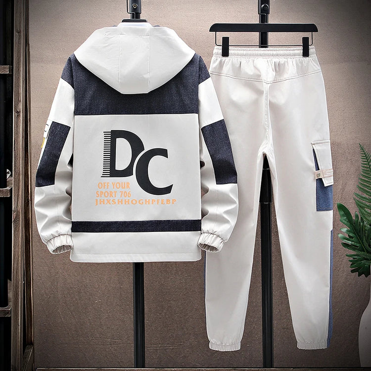 Spring Men Sportswear Tracksuit 2 Piece Running Sets Sports Hooded Jacket+Pant Sweatsuit Male Print Clothing Streetwear