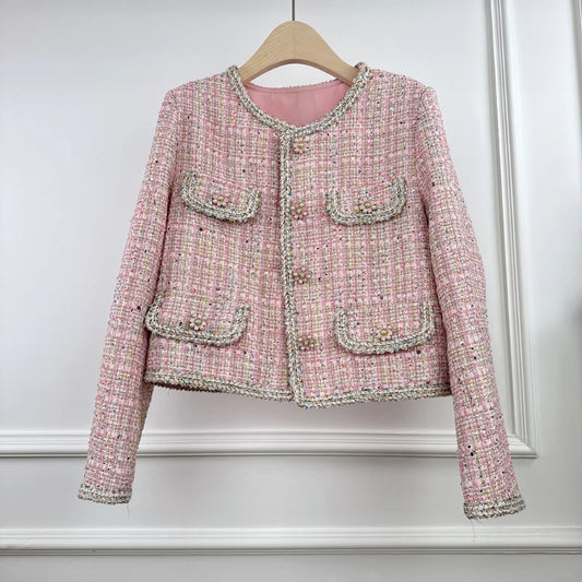 Women French Small Fragrance Pink Plaid Luxury Jacket Round Neck Fashion Sweet Casual Wild Round Neck Office Lady Tweed Coat