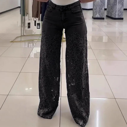 Jeans a Vita Alta e Gamba Larga, Pantaloni Estivi alla Moda con Inserti in Pizzo, Jeans in Denim Traforato e Drappeggiato, Jeans da Donna in Cotone con Cerniera per Primavera