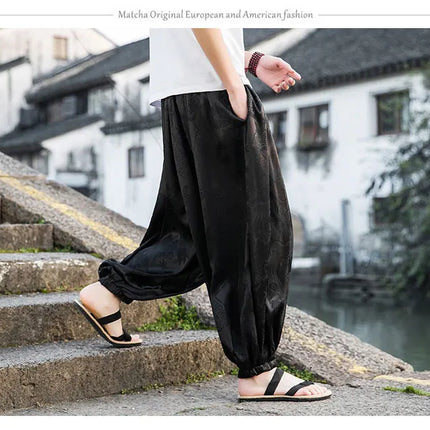 Vendite calde Pantaloni Da Uomo 2024 Nuovo Drago di Seta del Ghiaccio Fiore Scuro Bloomers Moda Allentata Gamba Larga Casual di Alta Qualità Pantaloni Maschili di Marca