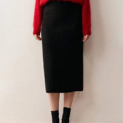 Women's 100% Cashmere Fashionable Lady's Midi Skirt Autumn Winter Elastic Waist Versatile Long Skirt Comfortable Knitwear Bottom PlatiNum