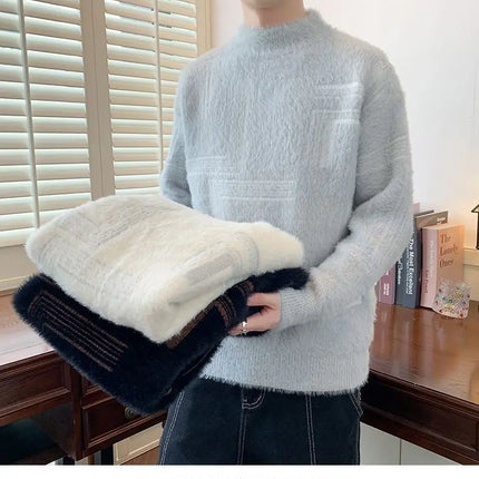 2025 Thickened Sweater Men's Autumn Winter Casual Half High Neck Pullover Knitwear Furry Korean Loose Simple Sweaters 3 Colors