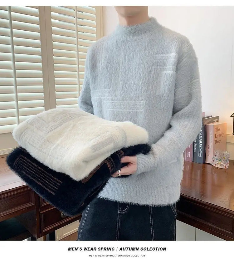 2025 Thickened Sweater Men's Autumn Winter Casual Half High Neck Pullover Knitwear Furry Korean Loose Simple Sweaters 3 Colors